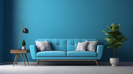 modern living room with  blue sofa and wall. 