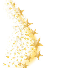Abstract background with flying metallic golden stars, over white background, vector illustration