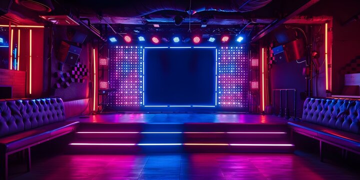 The Vibrant Atmosphere of a Karaoke Show: Neon Lights Illuminate the Stage. Concept Karaoke Night, Neon Lights, Stage Performances, Singing Enthusiasts, Vibrant Atmosphere