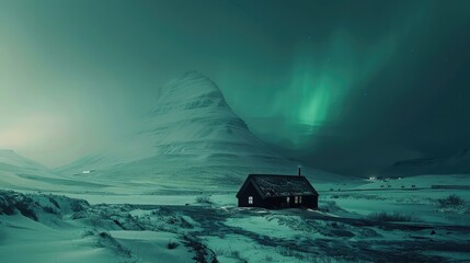 The breathtaking sight of the Northern Lights dancing over a snow-covered Icelandic landscape, with a traditional turf house in the foreground. - obrazy, fototapety, plakaty