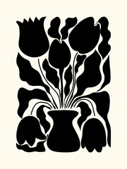 Floral poster in black and white abstract art print, tulip leaf elements retro groovy vector background for prints.