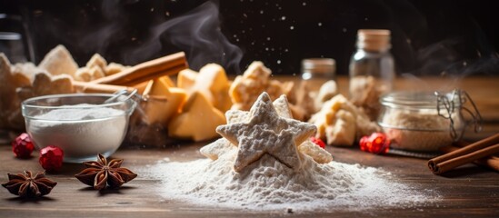 Close-up view showing a pile of white flour positioned beside a bowl filled with granulated sugar on a kitchen counter