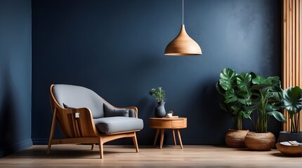 A chic, contemporary timber living room with an armchair against a blank, dark blue wall backdrop, Wall mockup of an interior living room featuring a leather sofa and white background décor, 