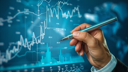 Analyzing financial growth, expert with pen over digital screen charts. Data analysis in finance, blue tone visuals. Market trends monitoring visual concept. AI