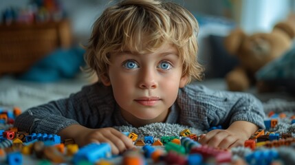 A 3-year-old child plays with toys in his room, teddy bear, toys, construction set, colored cubes