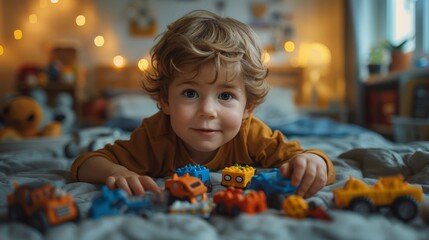 A 3-year-old child plays with toys in his room, teddy bear, toys, construction set, colored cubes