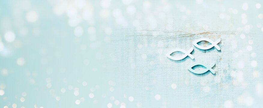 Confirmation, Communion and Baptism Greeting Card with Religious Symbols - Maritime summer background banner and season decoration