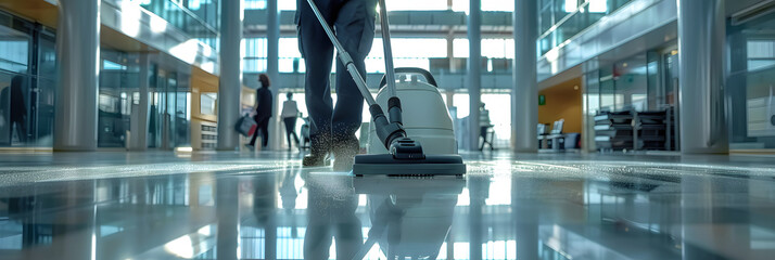 Large office building cleaning service staff using vacuum cleaner on floor with people in background - obrazy, fototapety, plakaty