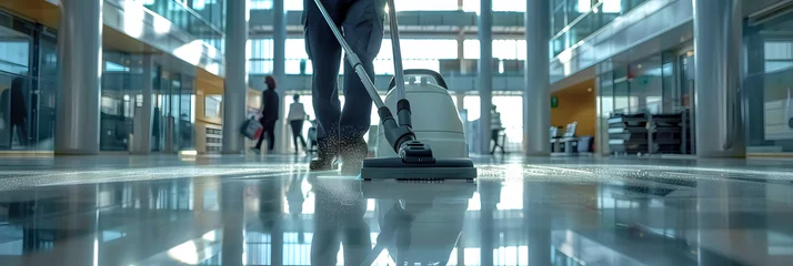 Fotobehang Large office building cleaning service staff using vacuum cleaner on floor with people in background © john