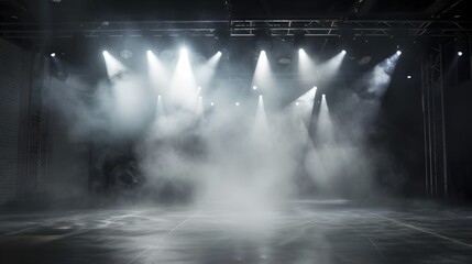 Empty stage illuminated by spotlights with haze. Awaiting a performance, concert or event. Mysterious atmospheric setting. Ideal for promotion. AI