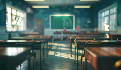 blur background of an empty classroom with desks and chairs