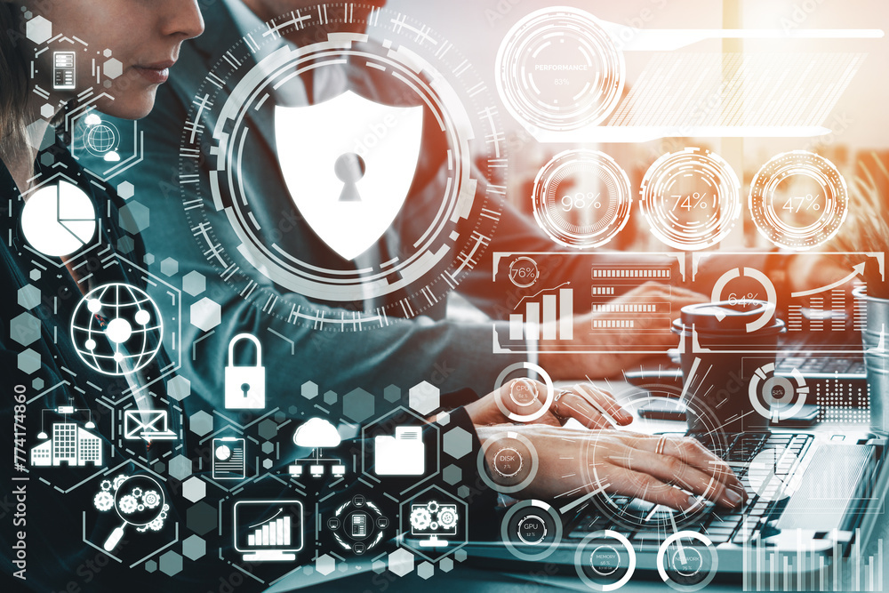 Poster cyber security and digital data protection concept. icon interface showing secure firewall technolog