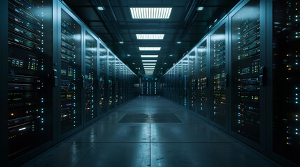 Future concepts: data centers, intelligent warehouses, digitized lines of information flowing through servers. SAAS, cloud computing, Web services