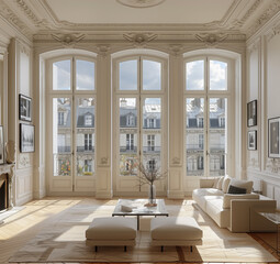 elegant Victorian living room, high ceilings, white walls, plush sofa, fireplace on the right, grand piano	
