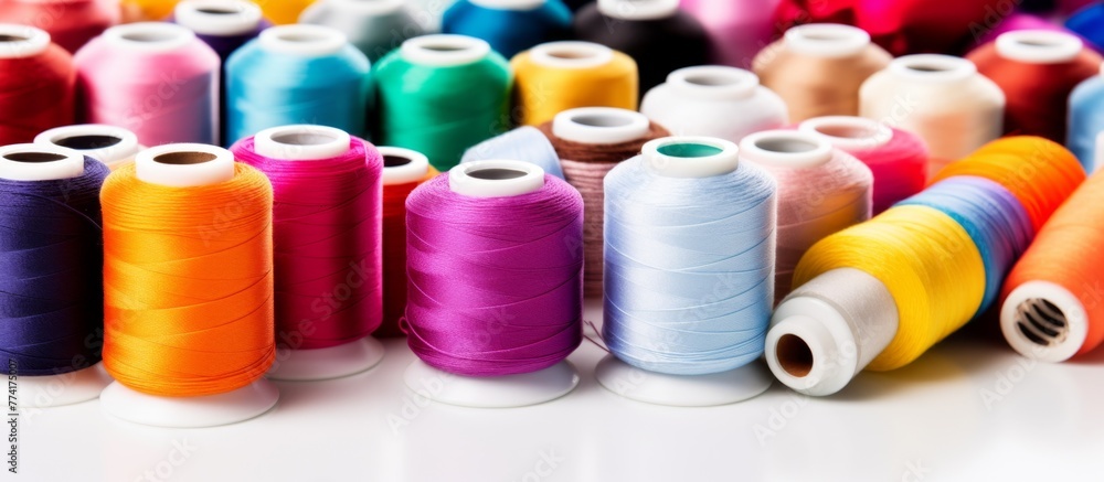 Poster multiple colorful spools of thread neatly arranged on a wooden table surface in a close-up shot