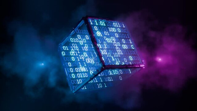 Big data. Cube with binary numbers in the cloud. Seamless animation. Cloud technology concept. artificial intelligence. Blockchain technologies.