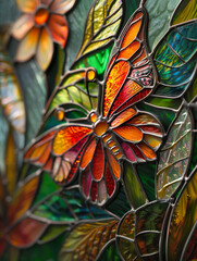 Stained glass butterfly on flower.