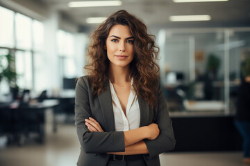 Generative AI image of female leader girl business woman posing crossed hands looking at camera in office
