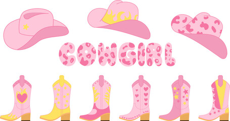 Set of vector country elements in pink color, cowboy hats, Cossack boots, stylized inscription cowgirl. Simple flat cartoon style. Completely pink with yellow.