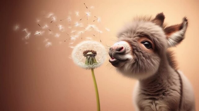 Animated picture shows a cute fluffy donkey blowing on dandelions. The seeds of the dandelion rise up. 3D effect, copy space.