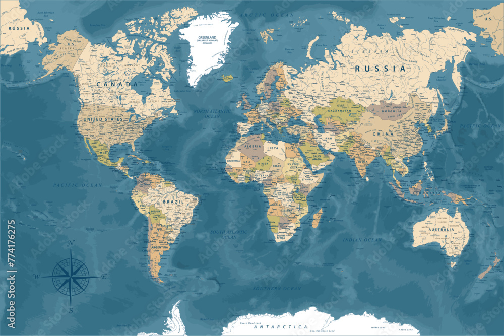 Poster World Map - Highly Detailed Vector Map of the World. Ideally for the Print Posters. Dark Blue Golden Beige Retro Style