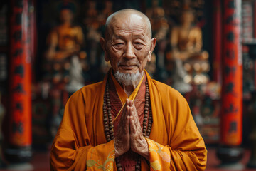 Fototapeta na wymiar Imagen de un monje chino de 60 años de pie con gracia en un famoso templo. Su rostro y rasgos faciales son ligeramente regordetes, y emana un aura amable. Está adornado con un hanfu amarillo y rojo, 