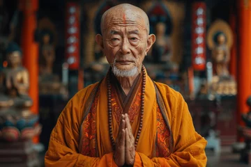 Foto op Canvas  Imagen de un monje chino de 60 años de pie con gracia en un famoso templo. Su rostro y rasgos faciales son ligeramente regordetes, y emana un aura amable. Está adornado con un hanfu amarillo y rojo,  © Julio