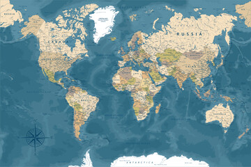 World Map - Highly Detailed Vector Map of the World. Ideally for the Print Posters. Dark Blue Golden Beige Retro Style
