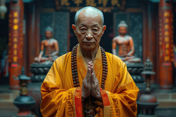 
Imagen de un monje chino de 60 años de pie con gracia en un famoso templo. Su rostro y rasgos faciales son ligeramente regordetes, y emana un aura amable. Está adornado con un hanfu amarillo y rojo,  - obrazy, fototapety, plakaty