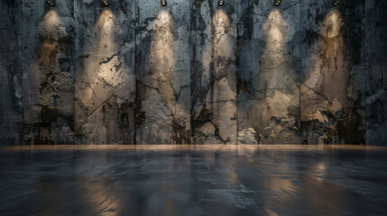 A concrete wall and floor illuminated by spotlights, casting dynamic shadows in the background