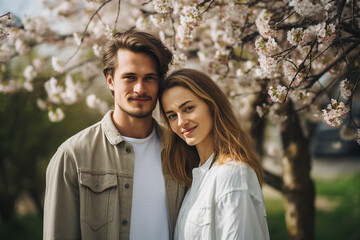 Obraz premium Happy people enjoying beautiful spring day park trees blossom city view Generative AI illustration