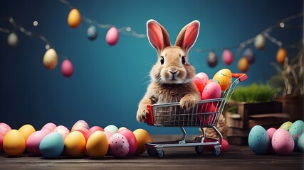 Easter Bunny pushing a shopping cart filled with eggs, banner, and artificial intelligence - obrazy, fototapety, plakaty