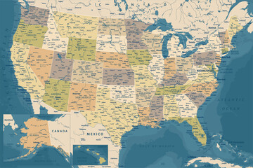 United States - Highly Detailed Vector Map of the USA. Ideally for the Print Posters. Dark Blue Golden Beige Retro Style