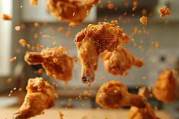 Fried Chicken Pieces Falling Deliciously, Fried Chicken Delight Tempting Advertising Banner Showcasing - obrazy, fototapety, plakaty