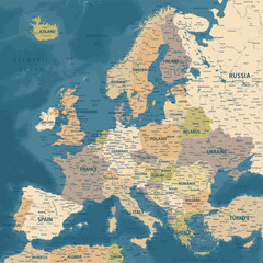 Europe - Highly Detailed Vector Map of the Europe. Ideally for the Print Posters. Dark Blue Golden Beige Retro Style