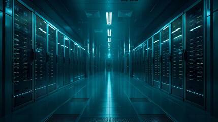 Future concepts: data centers, intelligent warehouses, digitized lines of information flowing through servers. SAAS, cloud computing, Web services