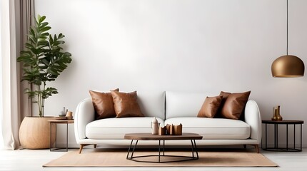 A chic, contemporary timber living room with an armchair against a blank, dark blue wall backdrop, Wall mockup of an interior living room featuring a leather sofa and white background décor,  - obrazy, fototapety, plakaty