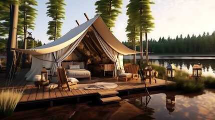 Obraz premium wooden bridge over lake glamping in nature forest.