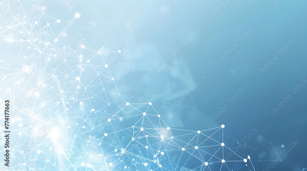 Poster abstract network connections on a blue backdrop. digital nodes and lines represent data visualizatio