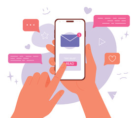 Illustration of a hand holding a smartphone with colorful chat icons and unread messages in a flat style