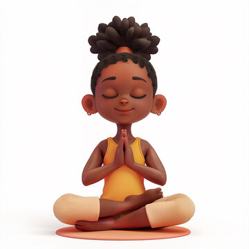 ittle black, African American girl sitting in lotus position, eyes closed, hands folded in namaste