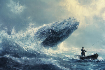 Unexpected Encounter  between Fishermen Face Giant Whale Emerging Behind him while he is fishing, oil painting.