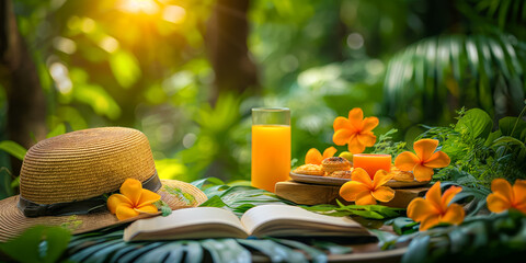 Summer retreat with a refreshing drink, fruits, and a book on a wooden table in a tropical setting.