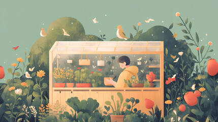 Illustration of a greenhouse and a gardener. Gardening and growing plants.
