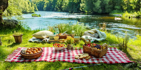 Summer picnic with a basket of bread, pastries, and fruits on a red checkered cloth next river.