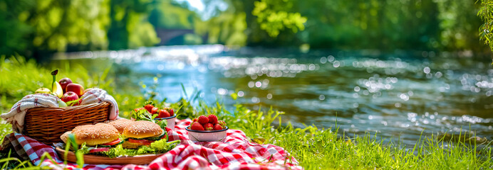 Summer picnic with a basket of bread, pastries, and fruits on a red checkered cloth next river. banner