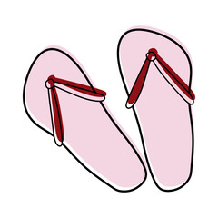 Doodle Flipflops icon with Color shapes. Isolated Vector Outline Illustration, Linear sticker. Beach Slippers or Sandals isolated on White. Hand drawn Summer Beach boots, Vacation concept, Sand.