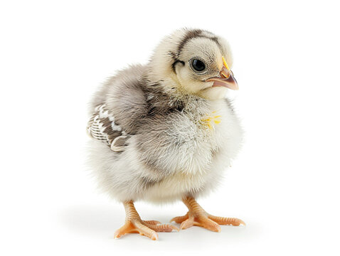 A baby chick isolated on white background. The chick is small and fluffy, with a cute and innocent expression.