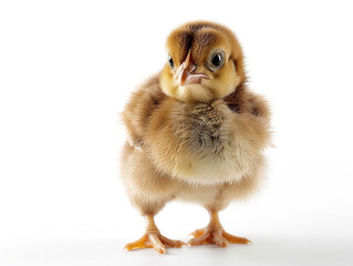 Fototapeta premium A baby chick isolated on white background. The chick is small and fluffy, with a cute and innocent expression.