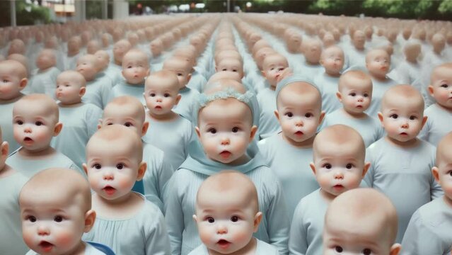 crowd of cloned children in rows